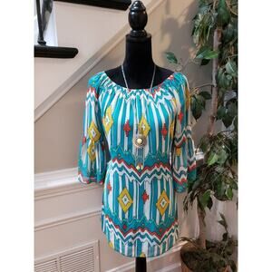 R. Rouge Blouse Women M Multicolor Polyester Peasant Top Boho Southwest Print